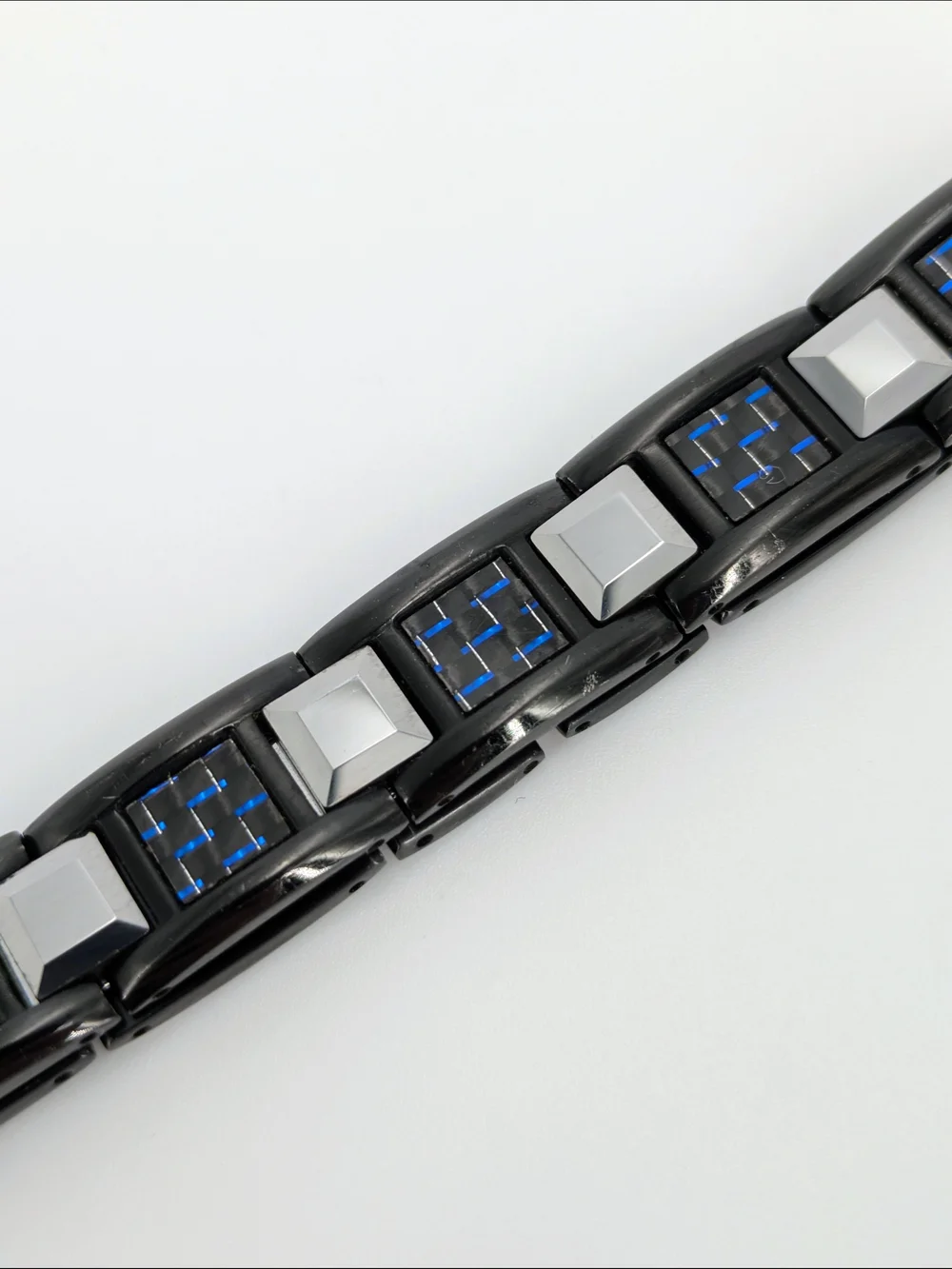 Men's Blue & Black Carbon Fiber Link Chain Bracelet, Tungsten 9